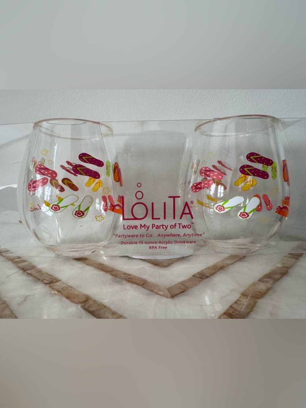🌺NWT Lolita Pink Flip-Flop Acrylic Wine Tumbler Set - Love My Party of Two
